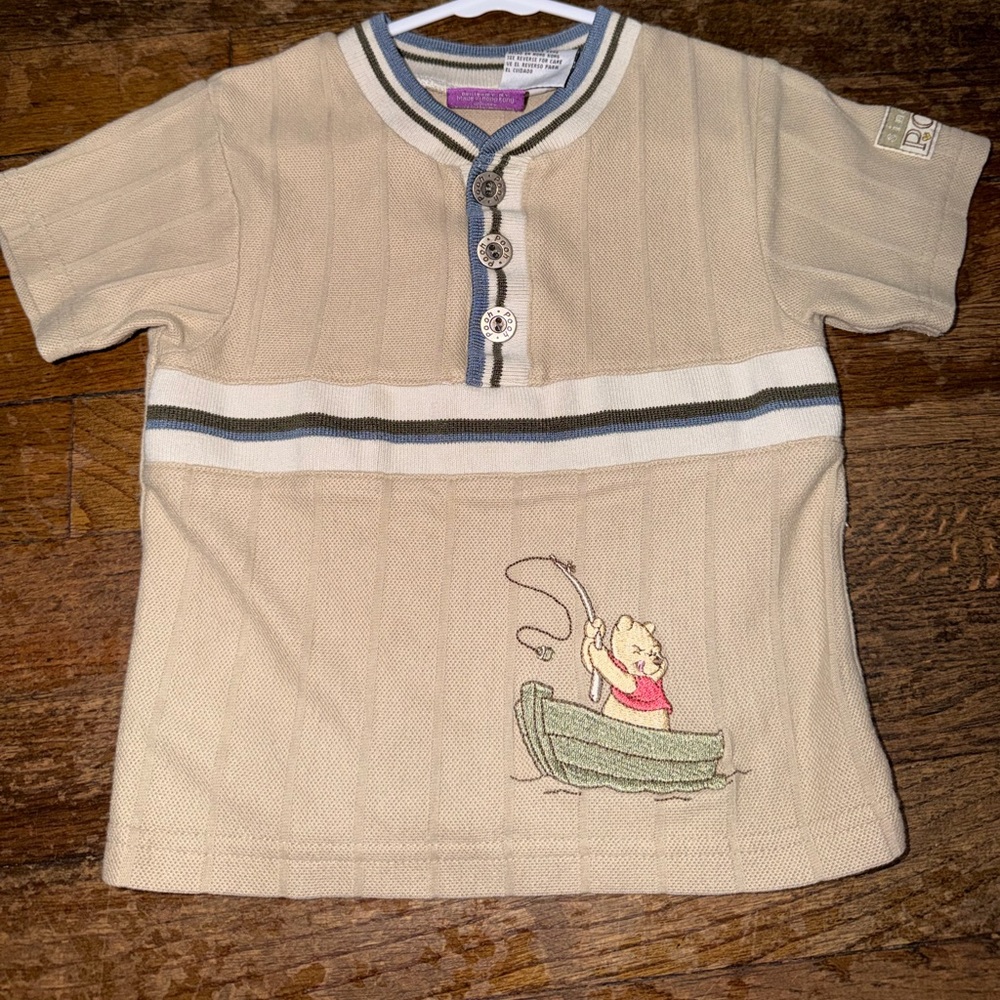 VINTAGE Disney Pooh "Sincere Pooh" Fishing Polo Shirt - Tan, Size 18 Months